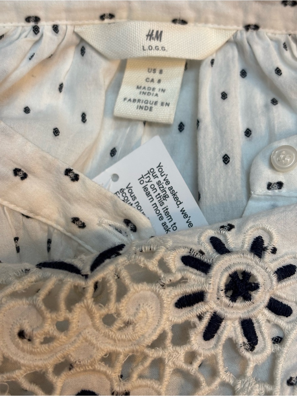 H&M LOGG Peasant Blouse Oversized Floral Lace Embroidered Sleeves White & Navy - Picture 8 of 10